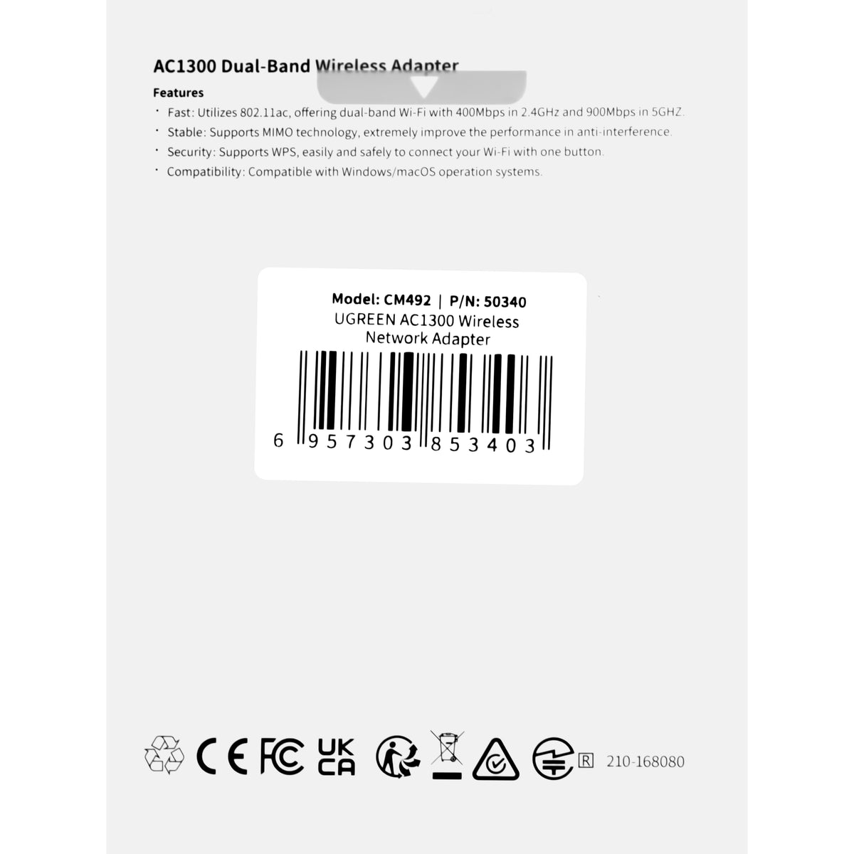 Adattatore wireless UGREEN CM492, Dual Band, 1300 Mbps, Grigio
