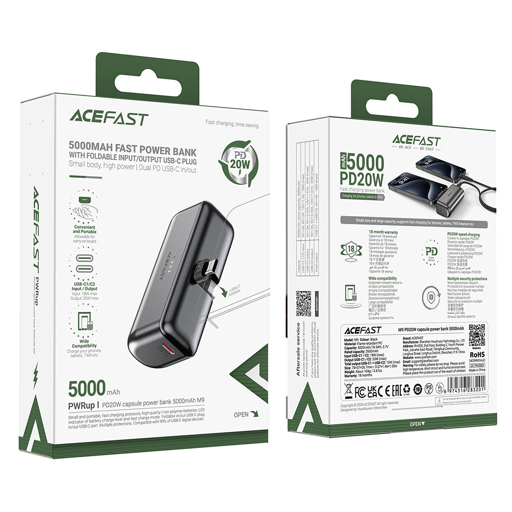 Batteria Esterna Acefast M9, 5000mAh, 20W, PD, 2 x USB-C, Nera