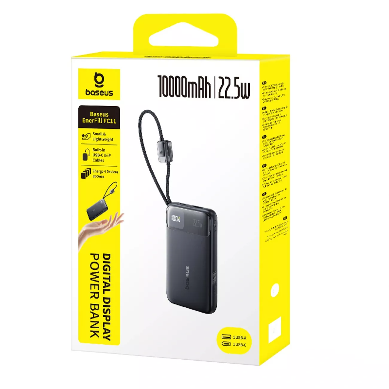 Batteria Esterna Baseus EnerFill FC11, 10000mAh, 22.5W, QC + PD, 1 x Lightning - 1 x USB-A - 2 x USB-C, Nera E0027R04