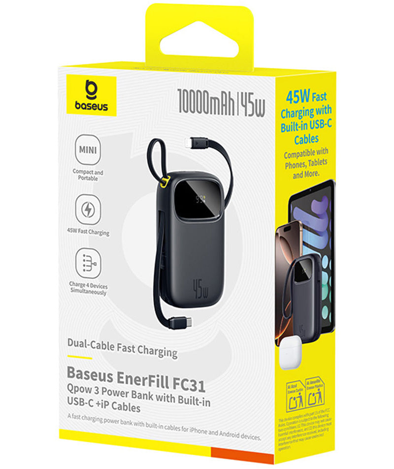 Batteria Esterna Baseus EnerFill FC31 Qpow 3, 10000mAh, 45W, QC + PD, 1 x USB-A - 3 x USB-C, Nera P10082102123-00