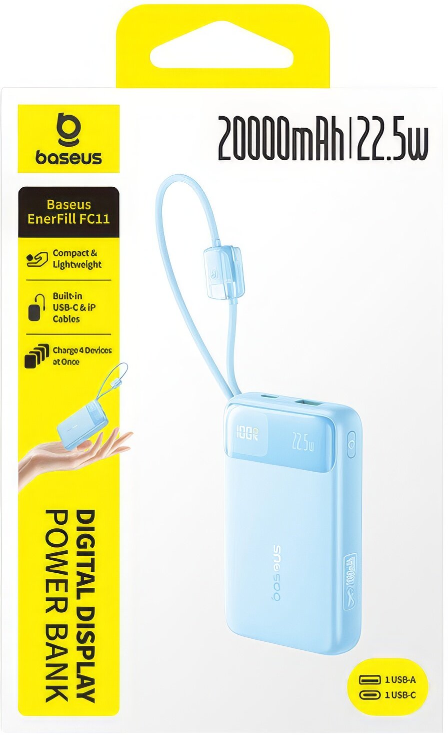 Batteria Esterna Baseus EnerFill FC11, 20000mAh, 22.5W, QC + PD, 1 x Lightning - 1 x USB-A - 2 x USB-C, Blu E0027S06