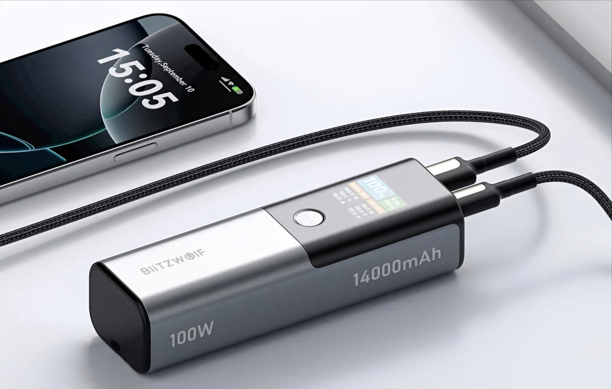 Batteria Esterna BlitzWolf BW-P23, 14000mAh, 100W, QC + PD, 1 x USB-A - 1 x USB-C, Grigio