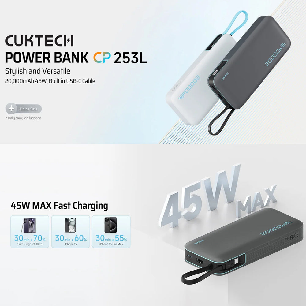 Batteria Esterna Cuktech LPB200N, 20000mAh, 45W, QC + PD, 1 x USB-A - 2 x USB-C, Bianca CUKP200NGLLG