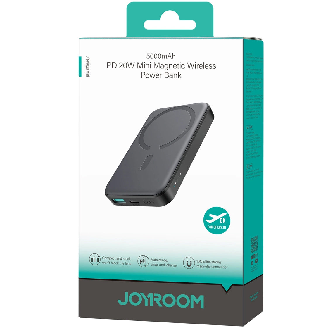Batteria Esterna Wireless Joyroom JR-W020 Mini, 5000mAh, 20W, QC + PD + FQI, 1 x QI - 1 x USB-A - 1 x USB-C, Nera