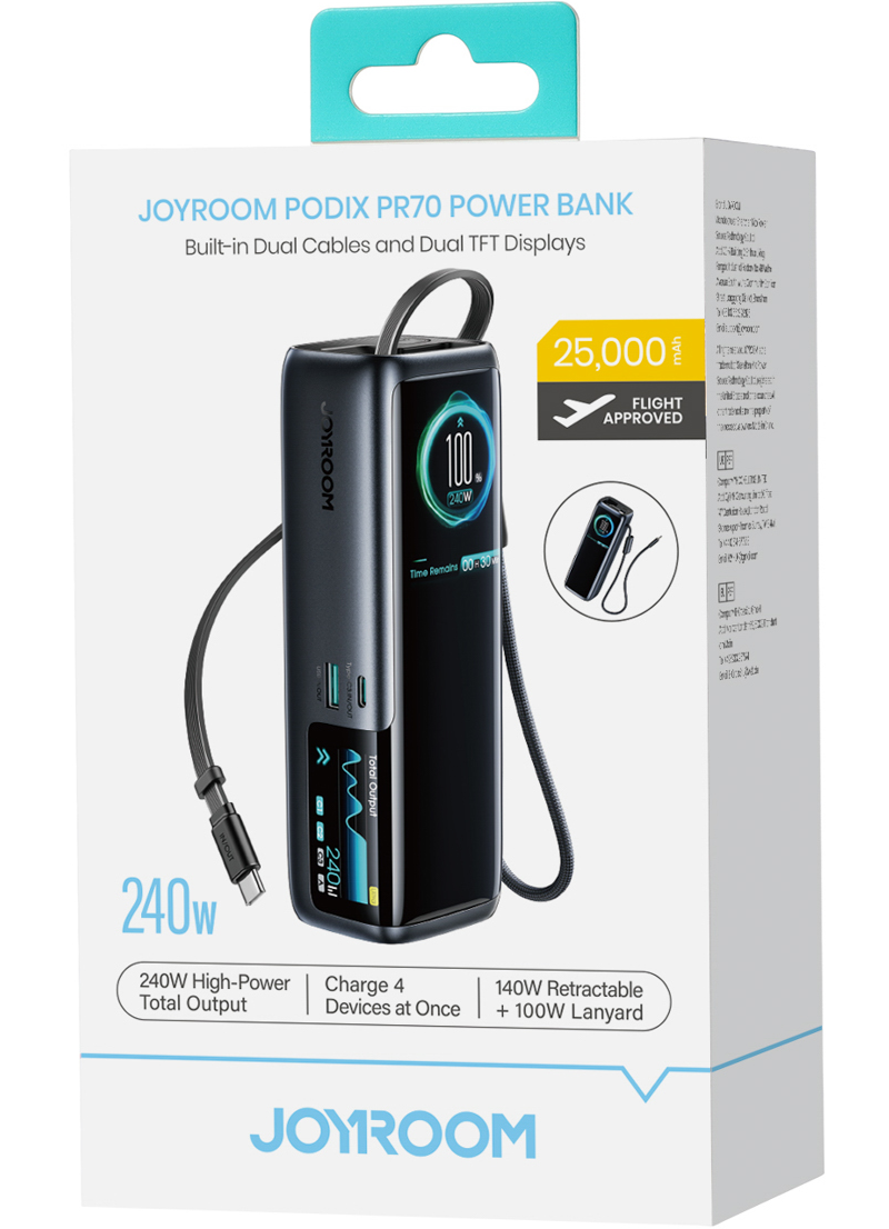Batteria esterna Joyroom PODIX PR70, 25000 mAh, 240 W, QC + PD, 1 x USB-A - 3 x USB-C, nera