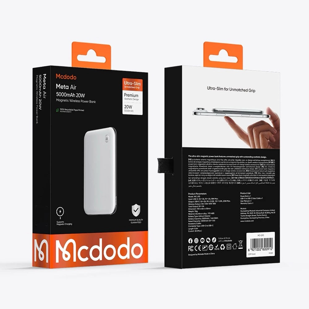 Batteria Esterna Wireless McDodo MC-2931 Meta Air, 5000mAh, 20W, PD + FQI, 1 x QI - 1 x USB-C, Nera