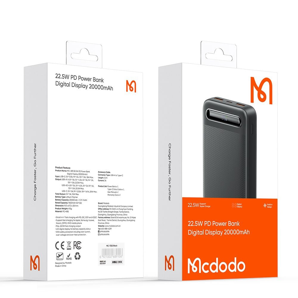 Batteria Esterna McDodo MC-3891 Star, 20000mAh, 22.5W, QC + PD, 2 x USB-A - 1 x USB-C, Nera