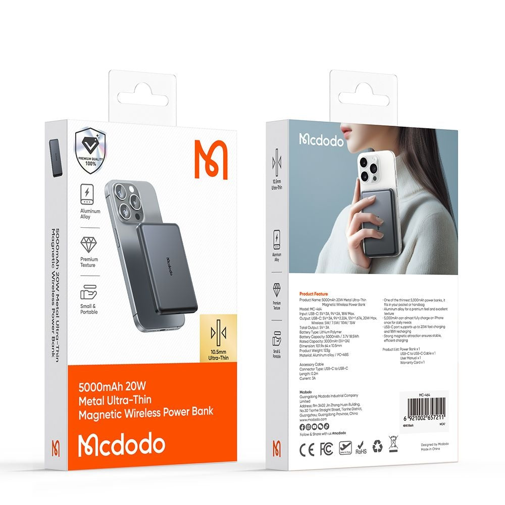 Batteria Esterna Wireless McDodo MC-4641 Meta, 5000mAh, 20W, PD + FQI, 1 x QI - 1 x USB-C, Nera
