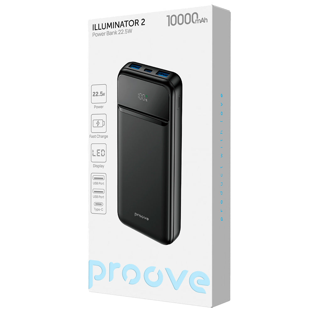 Batteria Esterna Proove Illuminator 2, 10000mAh, 22.5W, QC + PD, 2 x USB-A - 1 x USB-C, Nera PBIP10212201