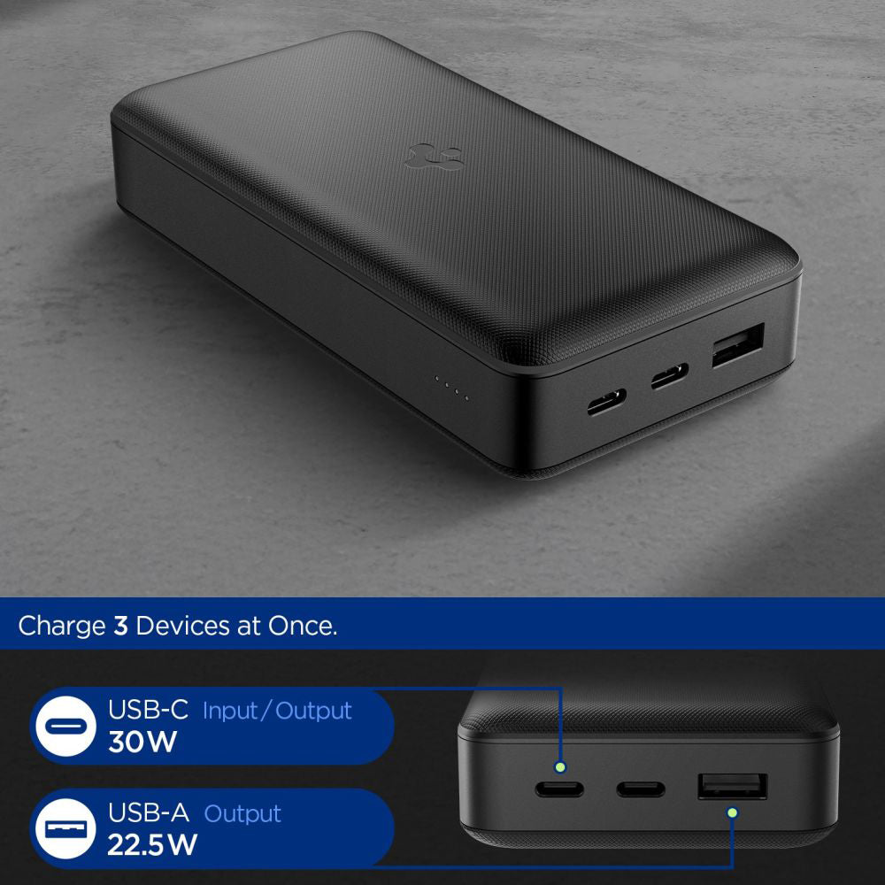 Batteria Esterna Spigen, 30000mAh, 30W, QC + PD, 1 x USB-A - 2 x USB-C, Nera