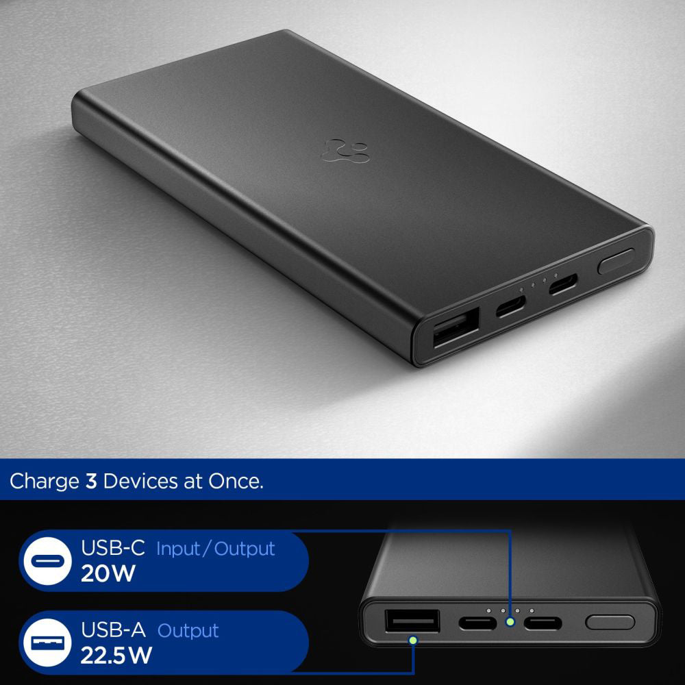 Batteria Esterna Spigen Essential, 10000mAh, 22.5W, QC + PD, 1 x USB-A - 2 x USB-C, Nera