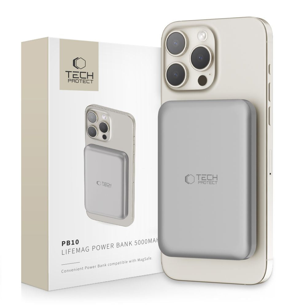 Batteria esterna wireless Tech-Protect PB10 LifeMag, 5000mAh, 15W, PD + FQI, 1 x QI - 1 x USB-C, Grigio