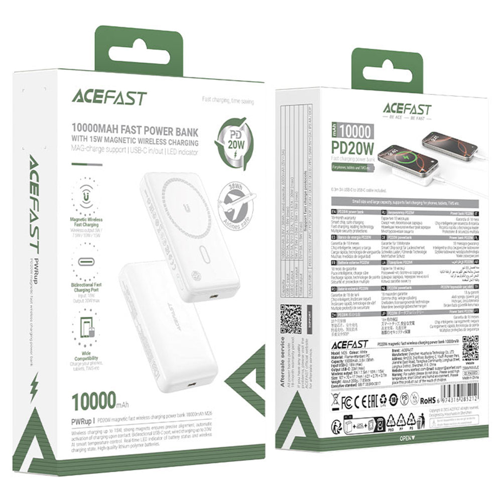 Batteria Esterna Wireless Acefast M26, 10000mAh, 20W, PD + FQI, 1 x QI - 1 x USB-C, Bianca