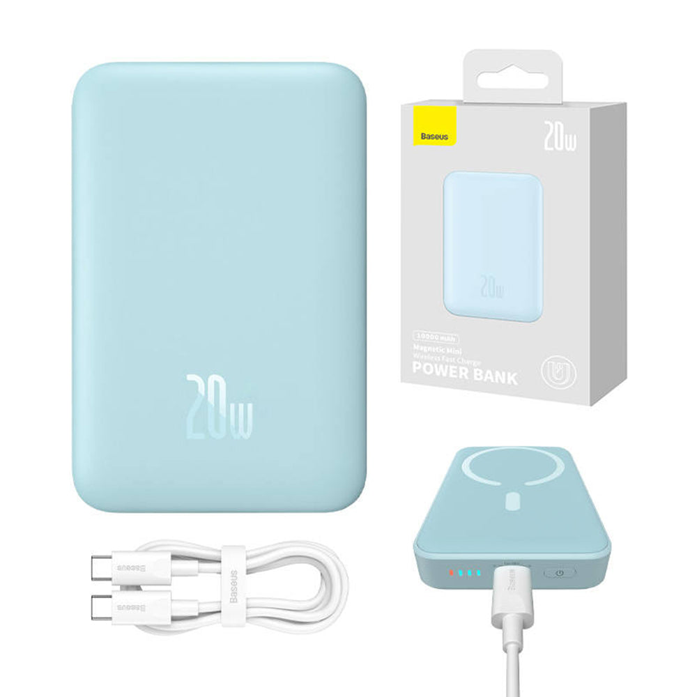 Batteria Esterna Wireless Baseus Magnetic Mini, 10000mAh, 20W, PD + FQI, 1 x QI - 1 x USB-C, Blu PPCX110103