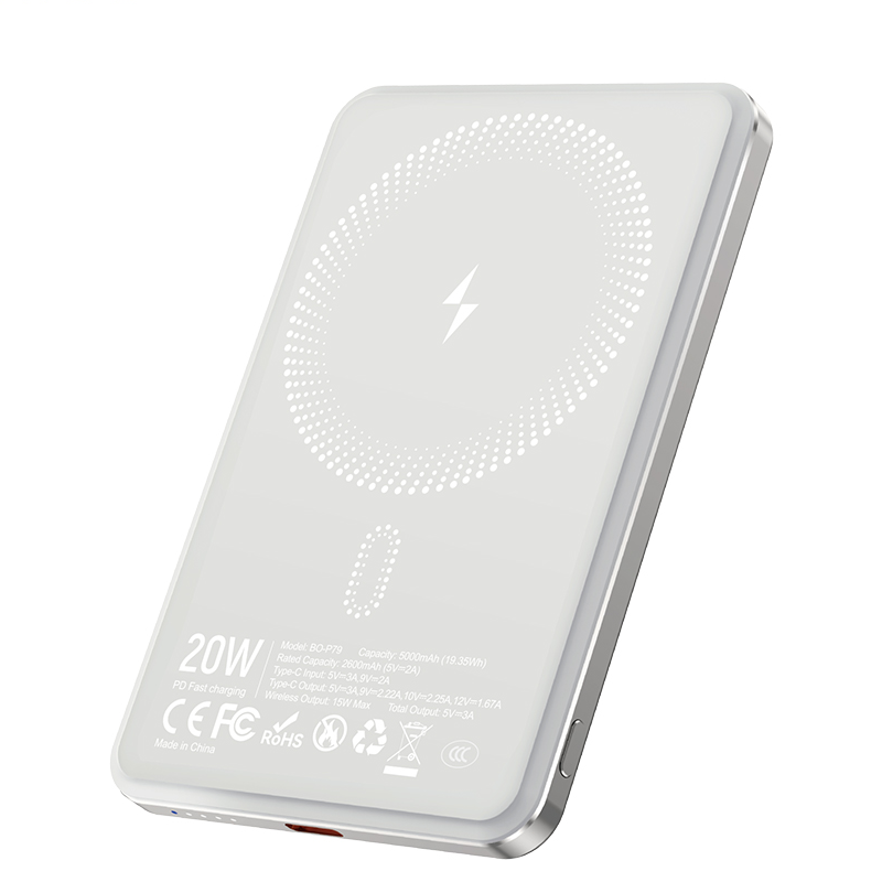 Batteria Esterna Wireless BWOO P79, 5000mAh, 20W, PD + FQI, 1 x QI - 1 x USB-C, Grigio