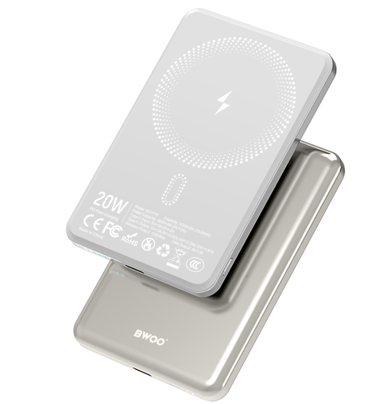 Batteria Esterna Wireless BWOO P79, 5000mAh, 20W, PD + FQI, 1 x QI - 1 x USB-C, Grigio