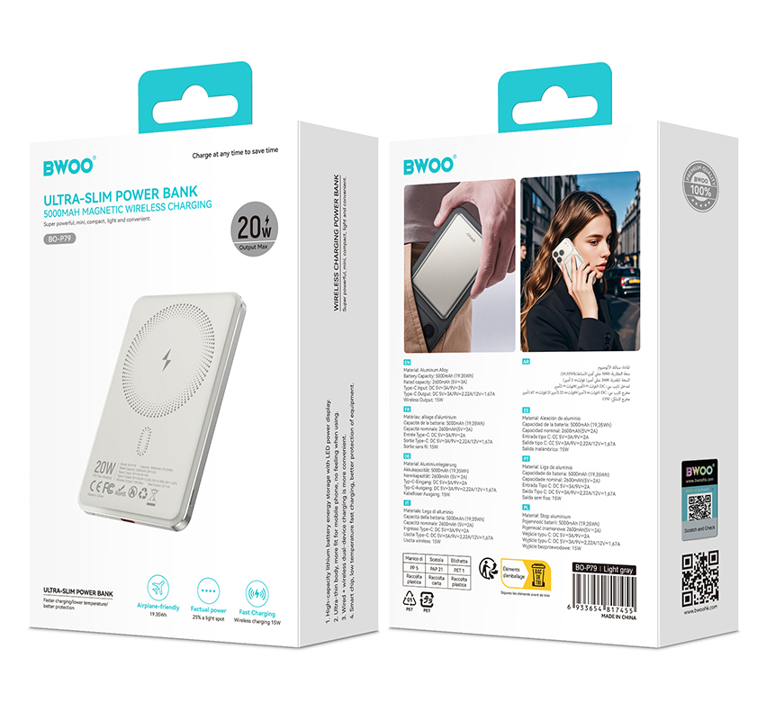 Batteria Esterna Wireless BWOO P79, 5000mAh, 20W, PD + FQI, 1 x QI - 1 x USB-C, Grigio