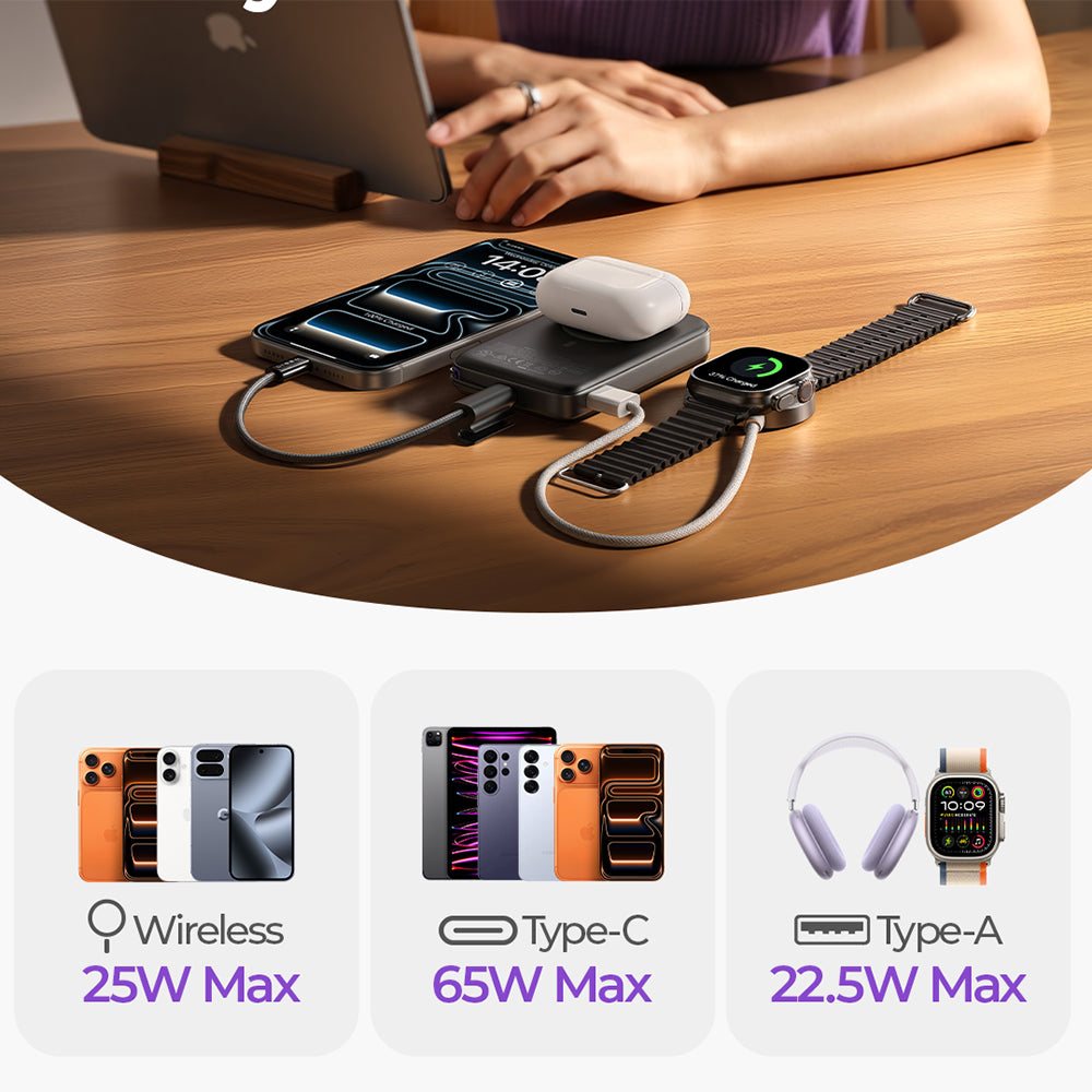 Batteria Esterna Wireless Lisen P604, 10000mAh, 65W, QC + PD + FQI, 1 x QI - 1 x USB-A - 1 x USB-C, Nera