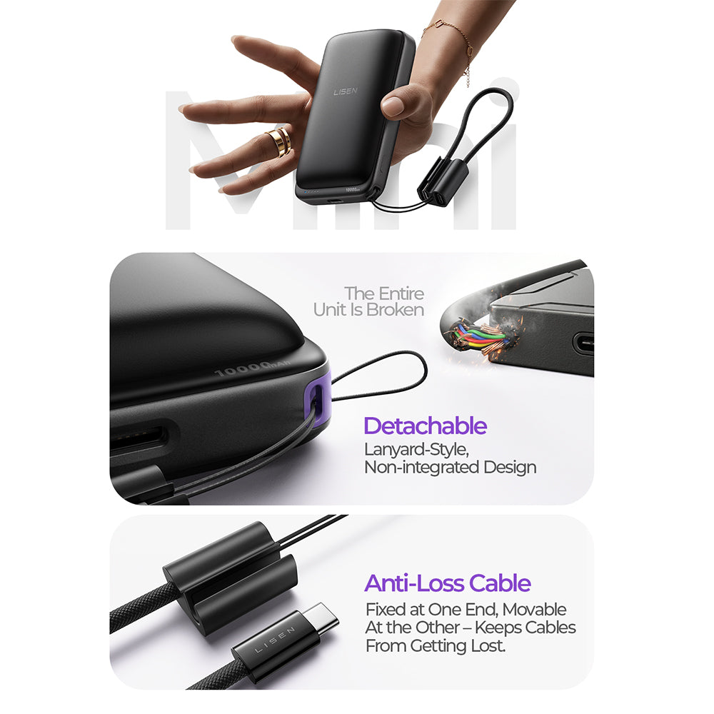 Batteria Esterna Wireless Lisen P604, 10000mAh, 65W, QC + PD + FQI, 1 x QI - 1 x USB-A - 1 x USB-C, Nera