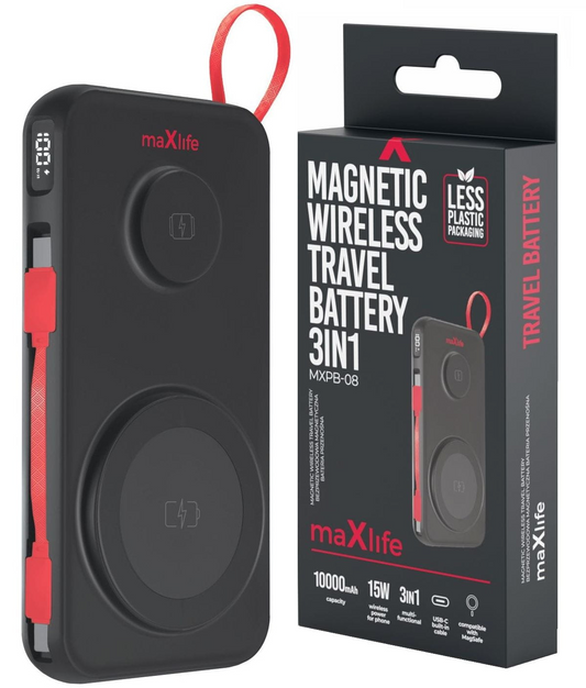 Batteria Esterna Wireless MaXlife MXPB-08, 10000mAh, 22.5W, QC + PD + FQI + QI, 1 x USB-A - 1 x USB-C - 2 x QI, Nera