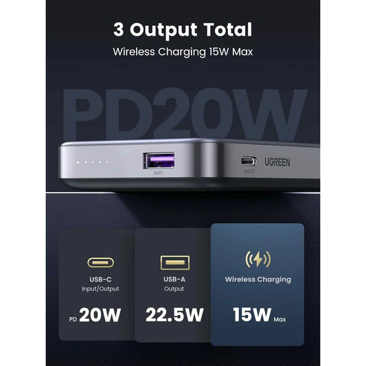 UGREEN PB206 Batteria esterna senza fili, 10000mAh, 20W, QC + PD + FQI, 1 x QI - 1 x USB-A - 1 x USB-C, Grigio