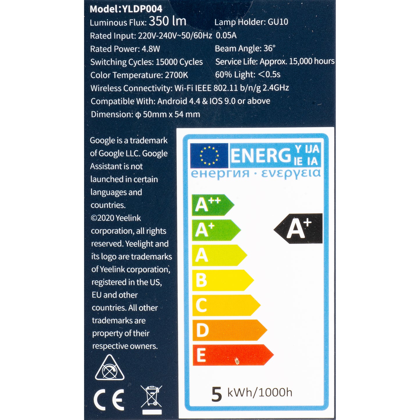 Lampadina LED Yeelight W1, Wi-Fi, GU10, 4.8W, 2700K, 350lm YLDP004