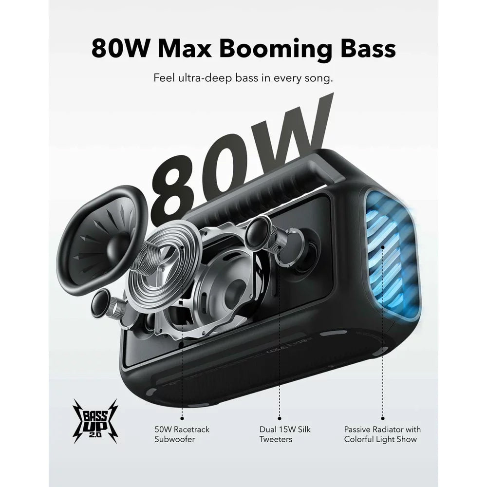Anker SoundCore Boom 2 Portable Bluetooth Speaker, 80W, TWS, RGB, Waterproof, Black A3138011