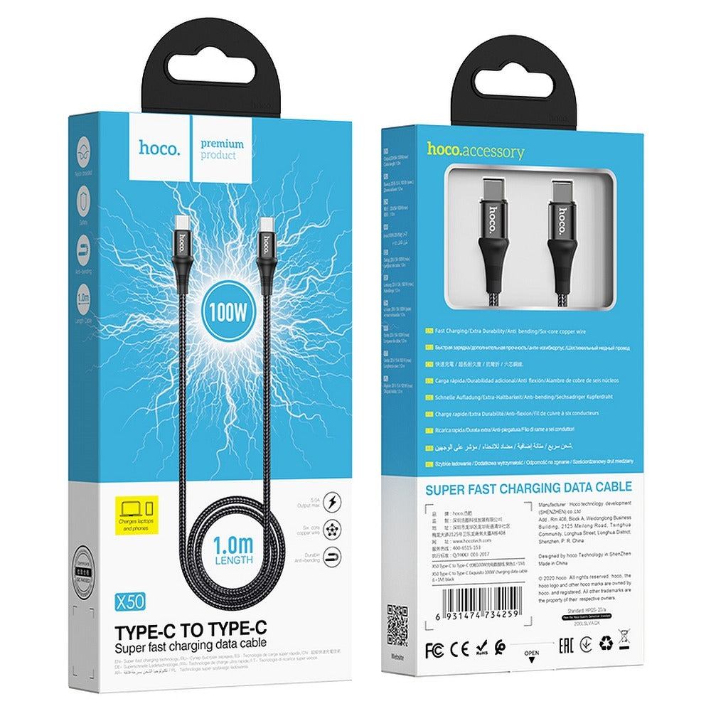 Cavo Dati e Ricarica USB-C - USB-C HOCO X50, 100W, 1m, Nero