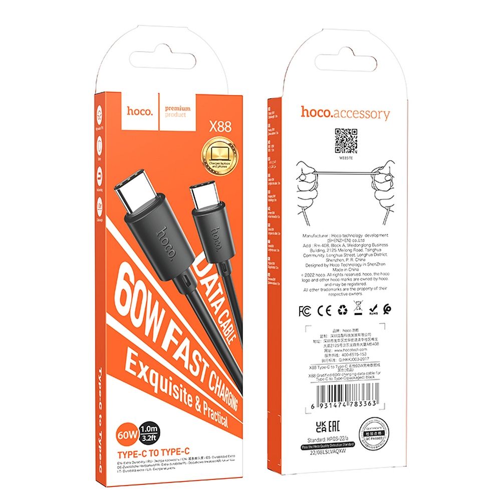 Cavo dati e ricarica USB-C - USB-C HOCO X88, 60W, 1m, nero