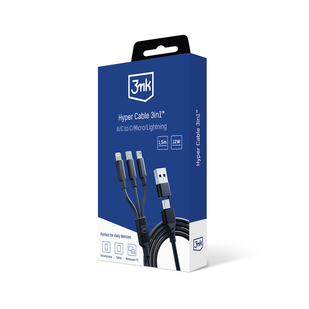 Cavo di Ricarica USB-A / USB-C - Lightning / microUSB / USB-C 3MK Hyper 3in1, 12W, 1.5m, Nero