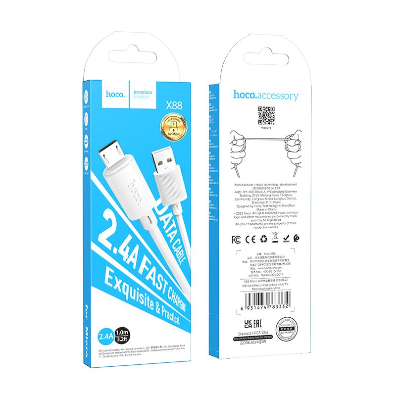 HOCO X88 Cavo dati e ricarica USB-A - microUSB, 18W, 1m, bianco