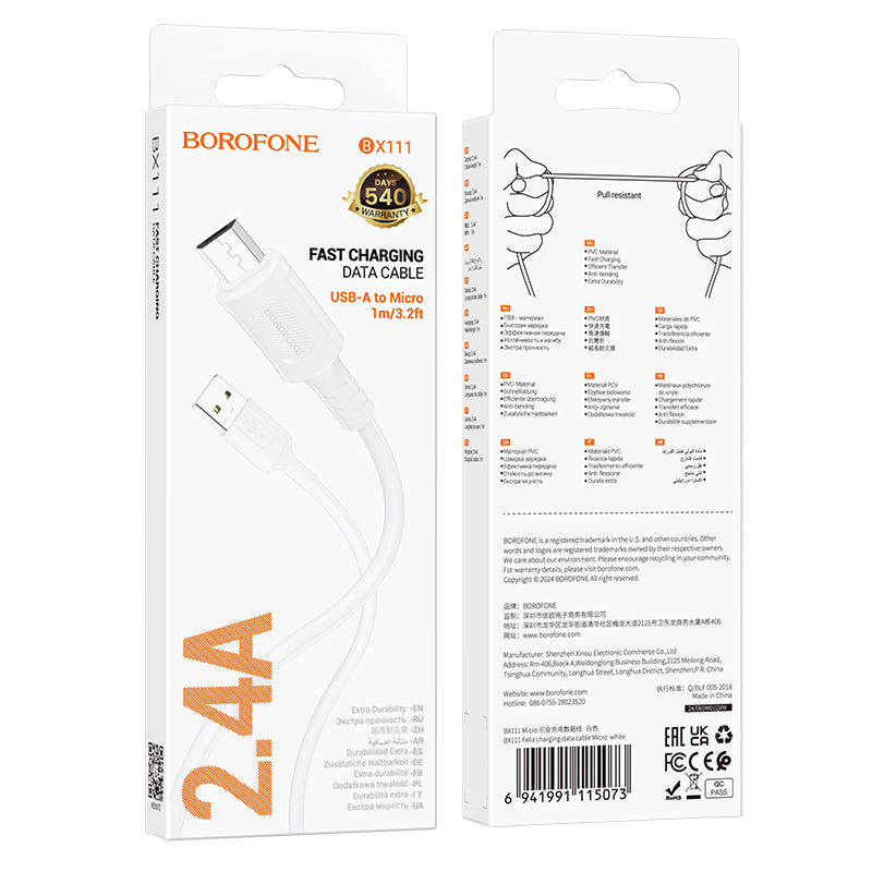 Cavo dati e ricarica USB-A - microUSB Borofone BX111 Feliz, 18W, 1m, bianco