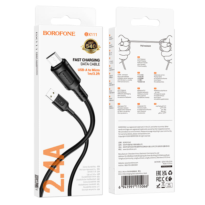 Cavo dati e ricarica USB-A - microUSB Borofone BX111 Feliz, 18W, 1m, nero