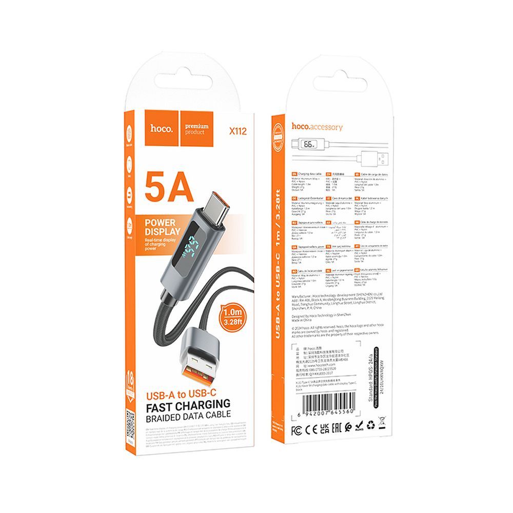 Cavo Dati e Ricarica USB-A - USB-C HOCO Display X112, 100W, 1m, Nero
