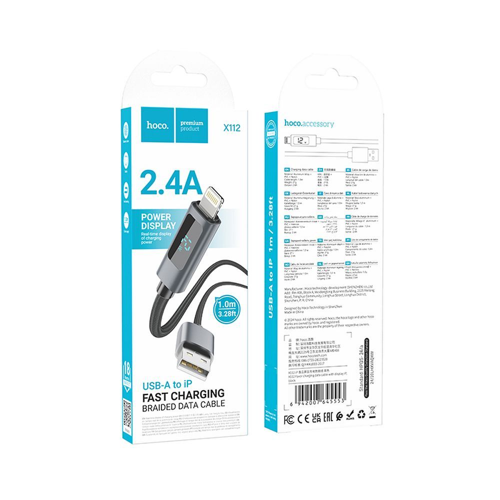 Cavo Dati e Ricarica USB-A - Lightning HOCO Display X112, 18W, 1m, Nero