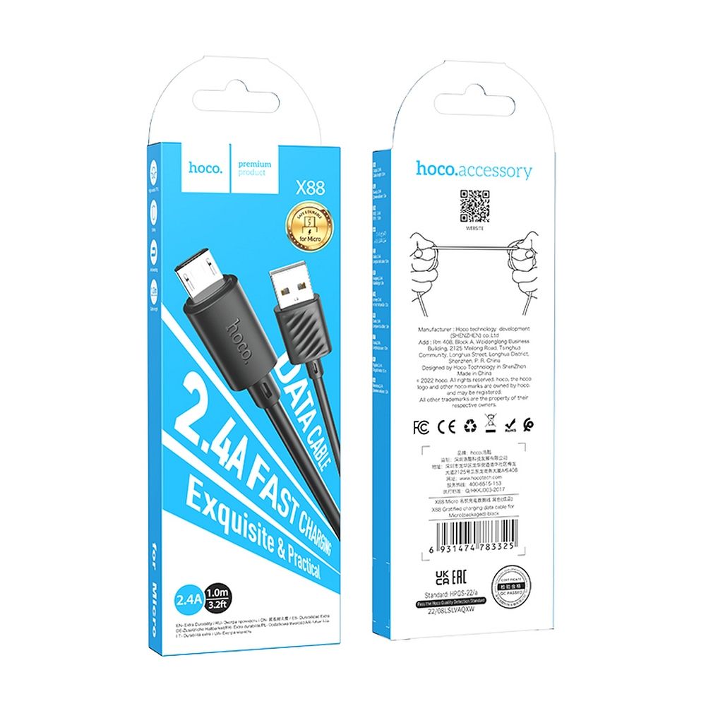 HOCO X88 Cavo dati e ricarica USB-A - microUSB, 18W, 1m, nero