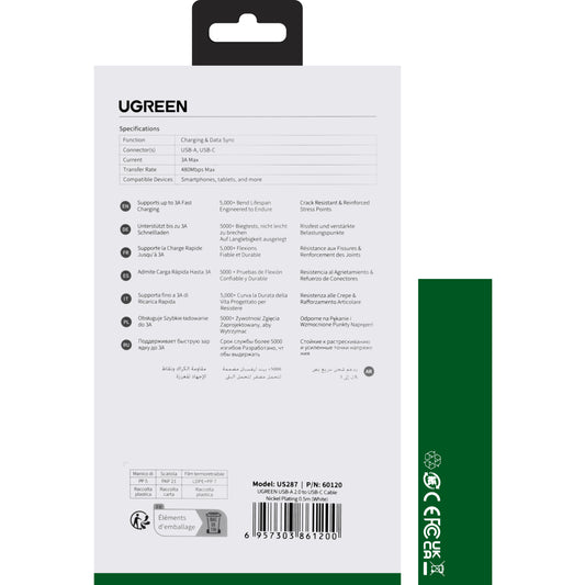 Cavo dati e ricarica USB-A - USB-C UGREEN US287, 60W, 0,5m, Bianco