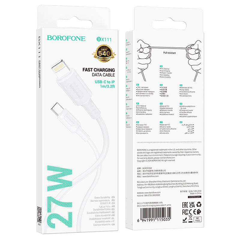 Cavo Dati e Ricarica USB-C - Lightning Borofone BX111 Feliz, 27W, 1m, Bianco