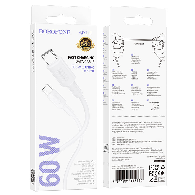 Cavo dati e ricarica USB-C - USB-C Borofone BX111 Feliz, 60W, 1m, bianco