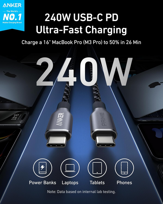 Cavo dati e ricarica USB-C - USB-C Anker Prime, 240 W, 0,9 m, Nero A88E2011