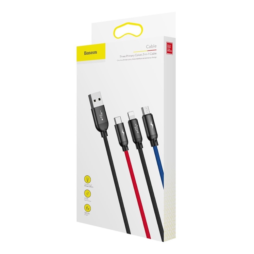 Cavo di Ricarica USB-A - Lightning / microUSB / USB-C Baseus Colors 3in1, 20W, 1.2m, Nero CAMLT-BSY01