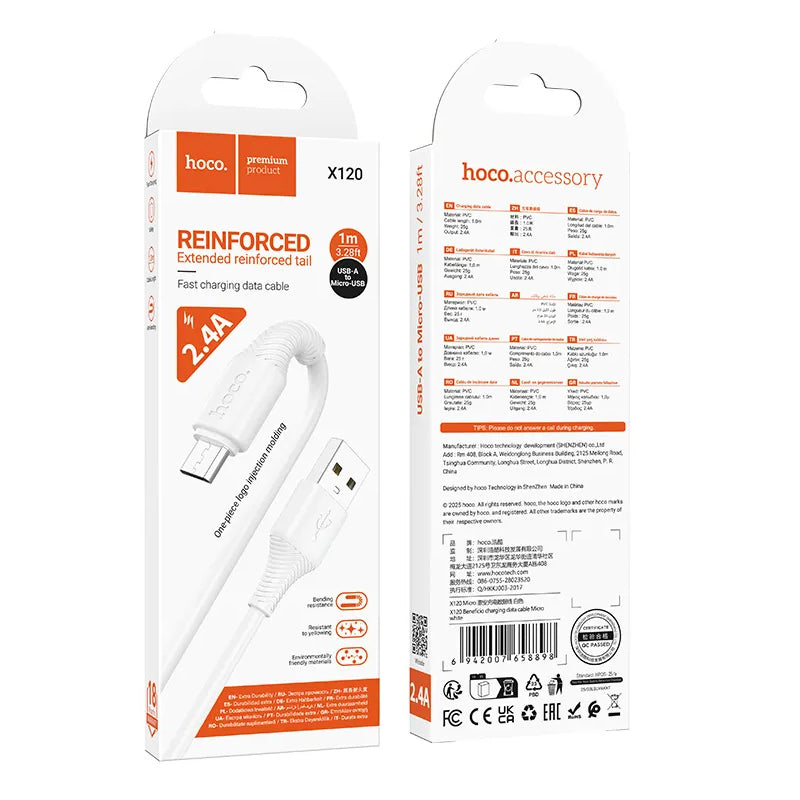Cavo Dati e Ricarica USB-A - microUSB HOCO X120, 18W, 1m, Bianco