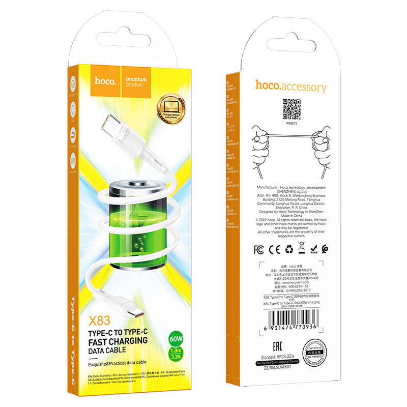 Cavo Dati e Ricarica USB-C - USB-C HOCO X83 Victory, 60W, 1m, Bianco