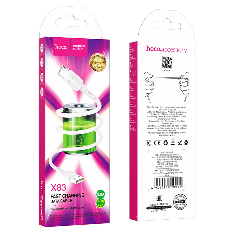 Cavo Dati e Ricarica USB-A - USB-C HOCO X83 Victory, 20W, 1m, Bianco