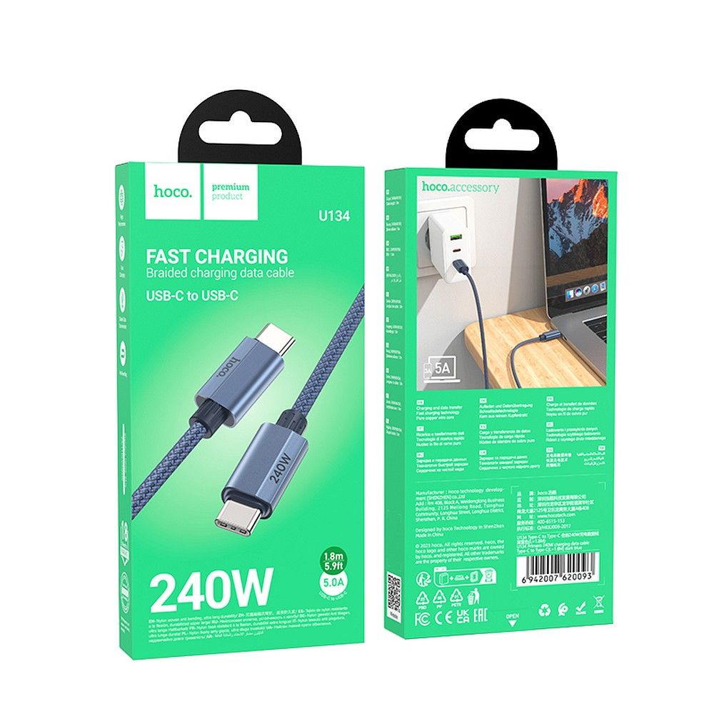 Cavo Dati e Ricarica USB-C - USB-C HOCO U134, 240W, 1.8m, Grigio