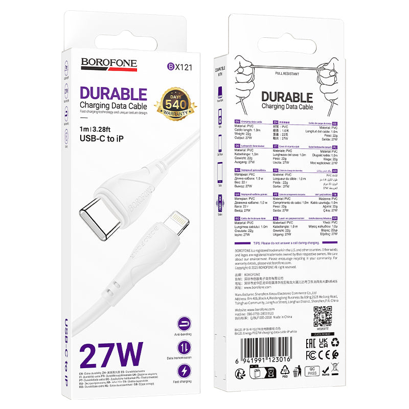 Cavo Dati e Ricarica USB-C - Lightning Borofone BX121 Energy, 27W, 1m, Bianco