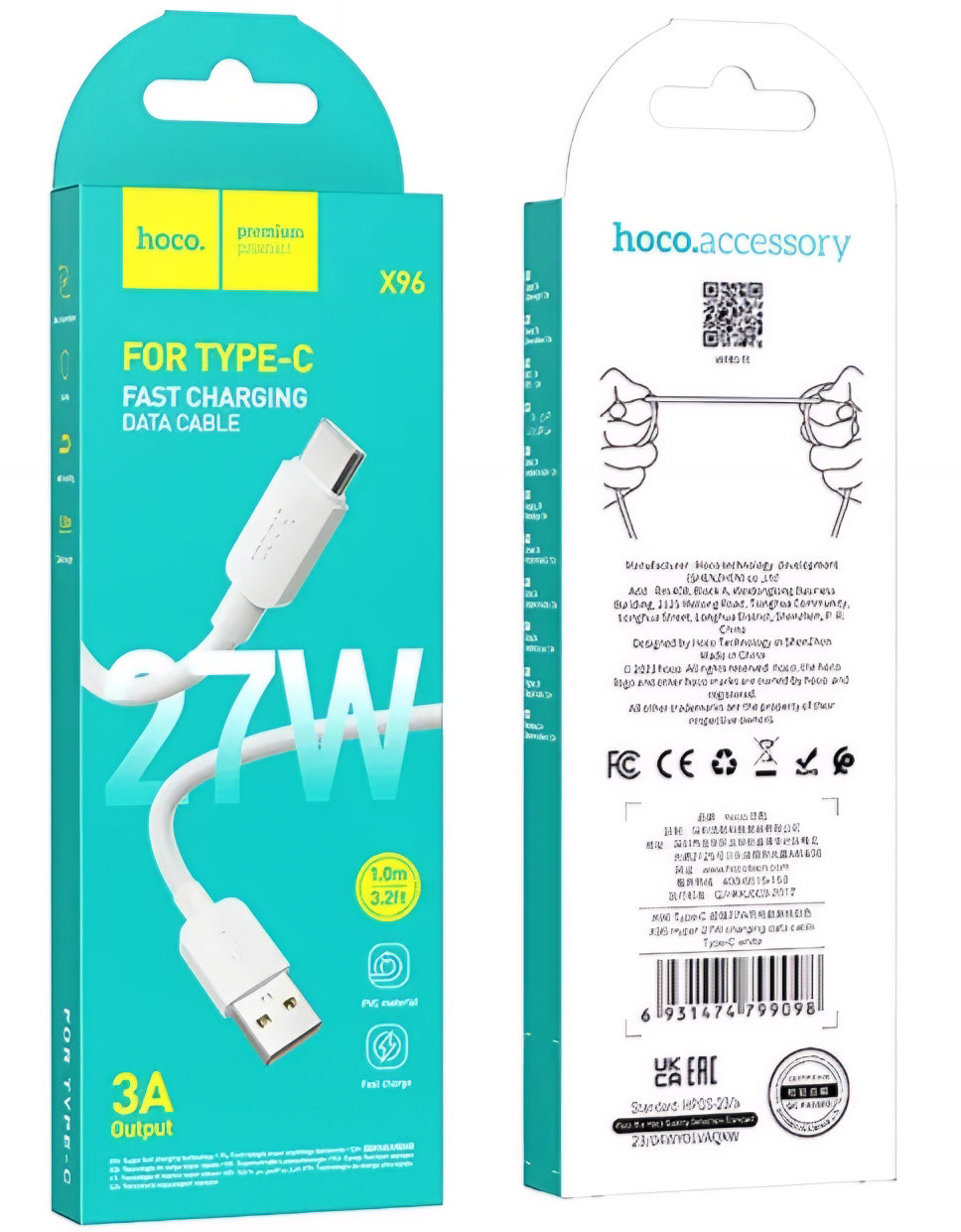 Cavo Dati e Ricarica USB-A - USB-C HOCO X96, 27W, 1m, Bianco