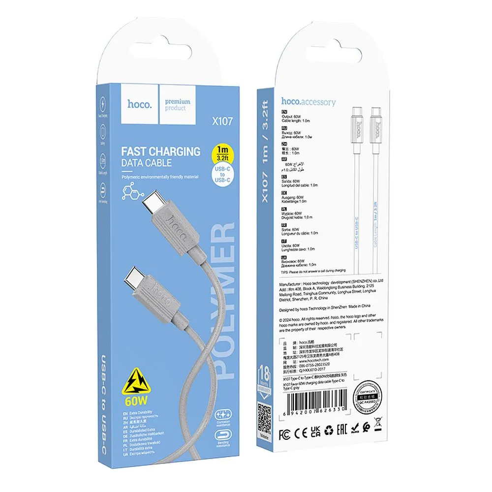Cavo Dati e Ricarica USB-C - USB-C HOCO X107, 60W, 1m, Grigio