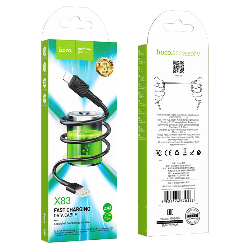 Cavo Dati e Ricarica USB-A - Lightning HOCO X83 Victory, 18W, 1m, Nero