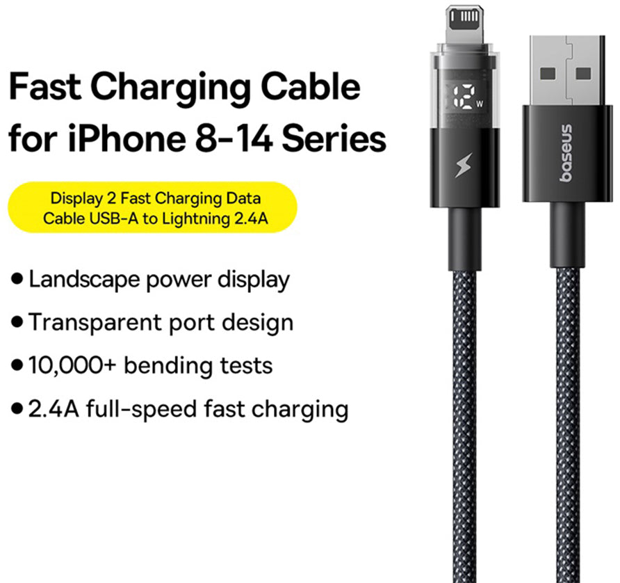 USB-A to Lightning Baseus Display 2 Data and Charging Cable, 18W, 2m, Black P10382700121-01
